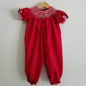 Candyland smocked red playsuit 9 months